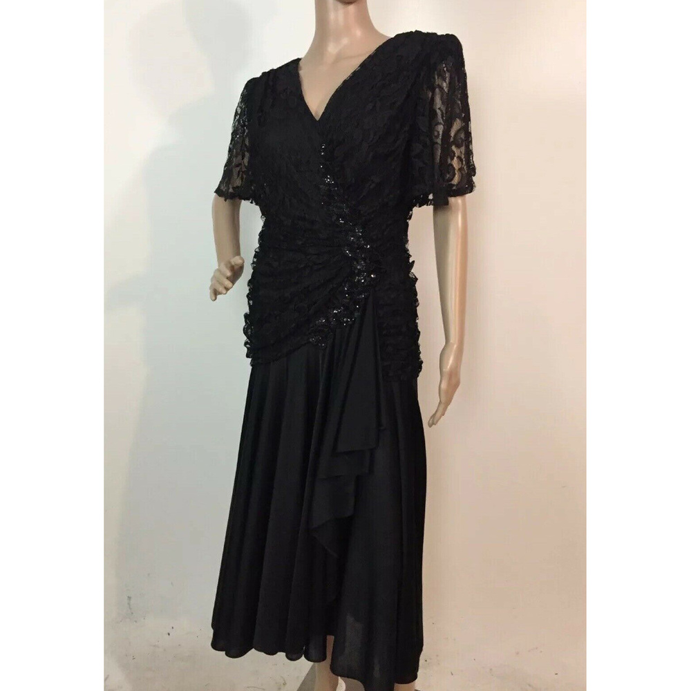 Vintage 80s Lace Ruched Party Dress Sequinned Trim